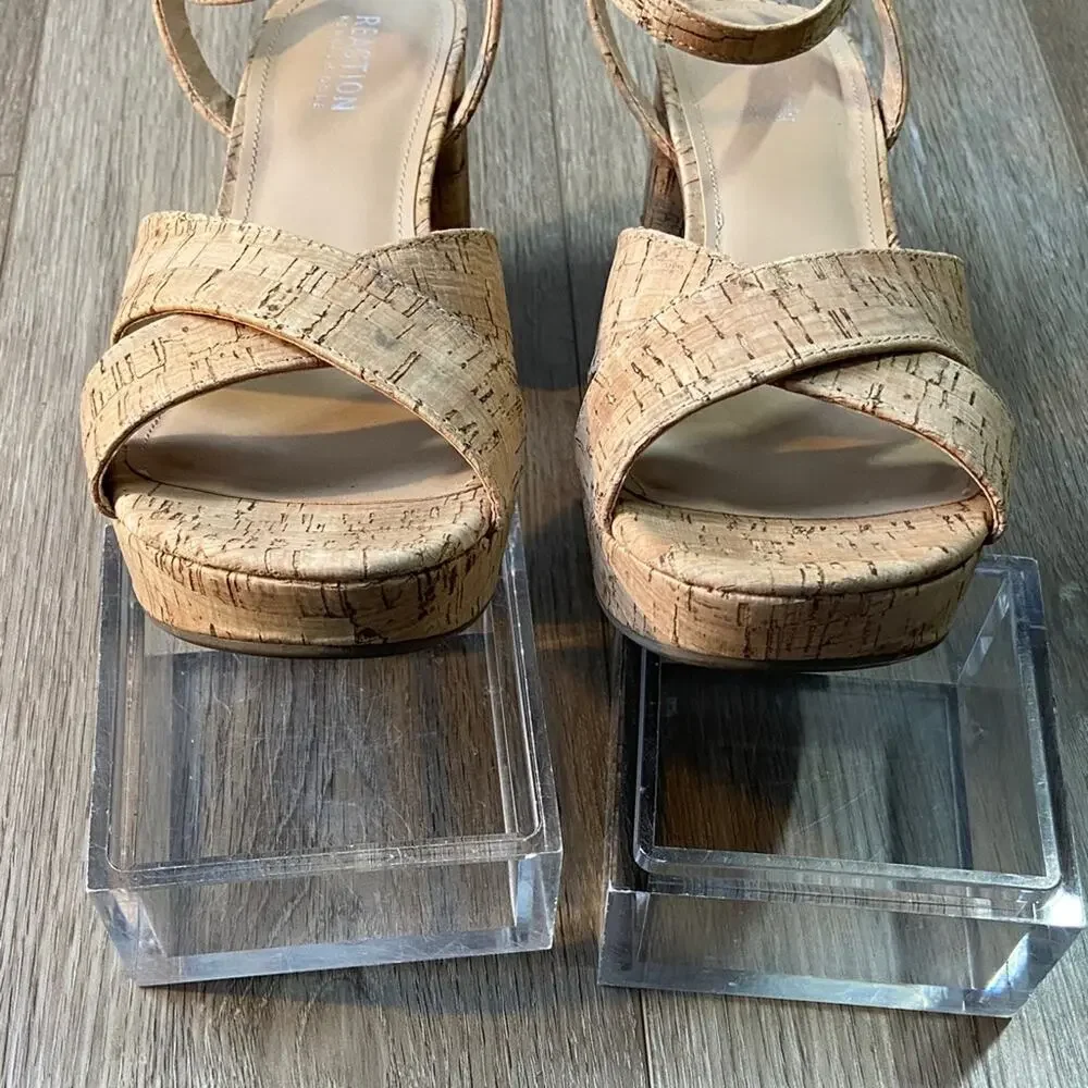 Reaction Kenneth Cole Sandals Women Sz 9 Brown Cork Platform Block Heel